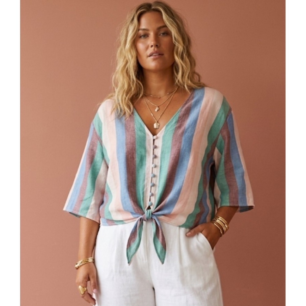 Madewell Rainbow 100 Cotton Blend Tie Front Blouse Top button up size 3X 3XL N15